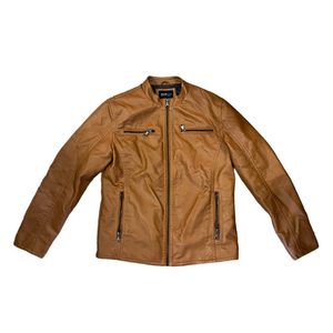 Kenneth Cole Awareness Faux Leather Moto Jacket Women Large Caramel Brown Zip Up